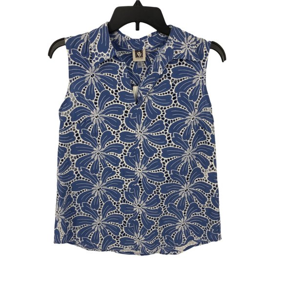 Anne Klein Tops - Anne Klein Top Size XS Womens Blue White Floral Eyelet Embroidered Cotton Tank T
